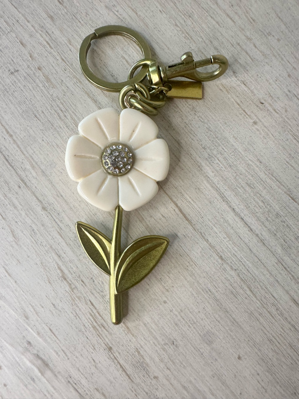 White Flower Solid 2 Sided Keychain Charm with Crystal Center